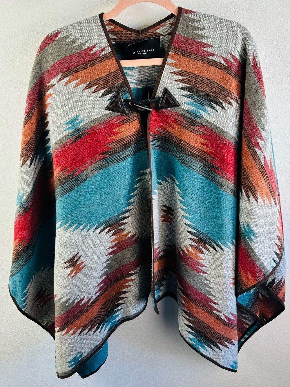 Akira Chicago Wool Blend Southwest Tribal Pattern Poncho Toggle Button Wrap S
